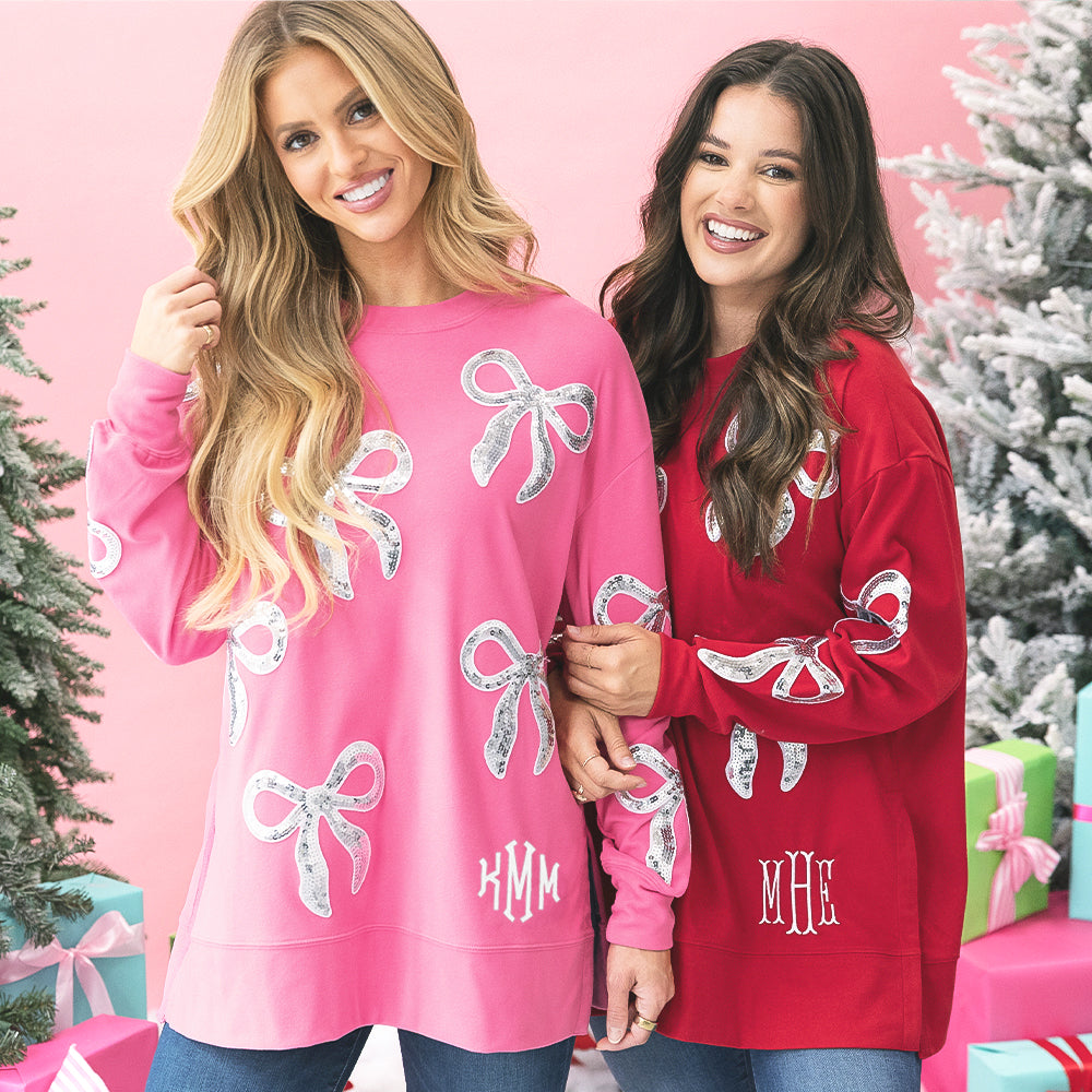 [rachel, peyton] crimson and hot pink sequin bow sweatshirt on rachel and peyton