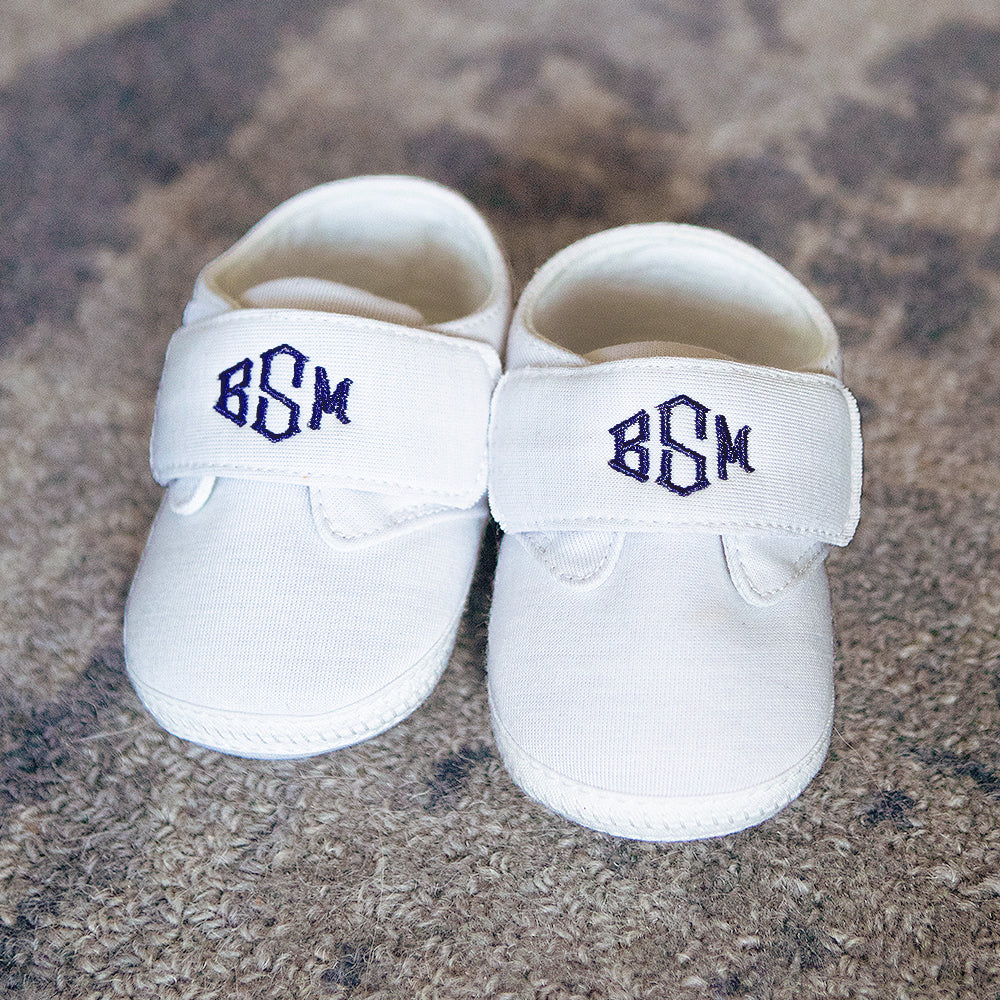 detail of monogrammed baby shoes - with blue monogram