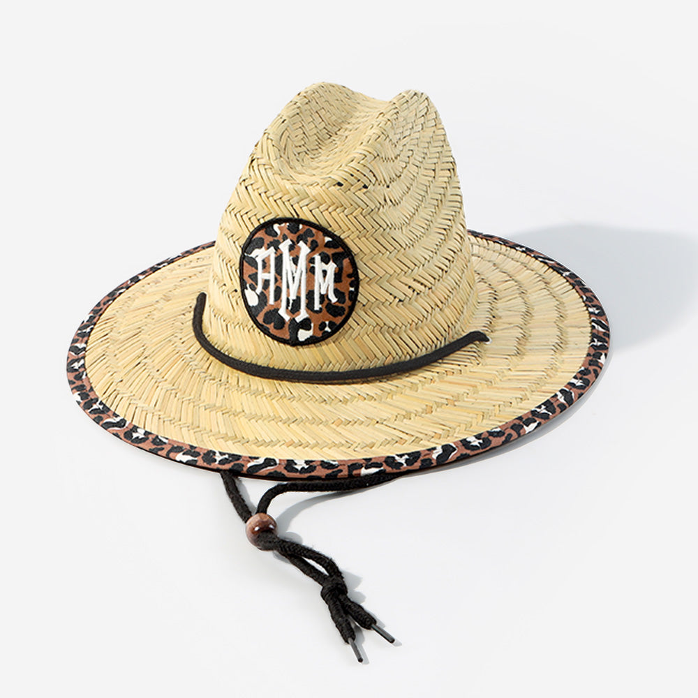 monogrammed kids straw hat in cheetah