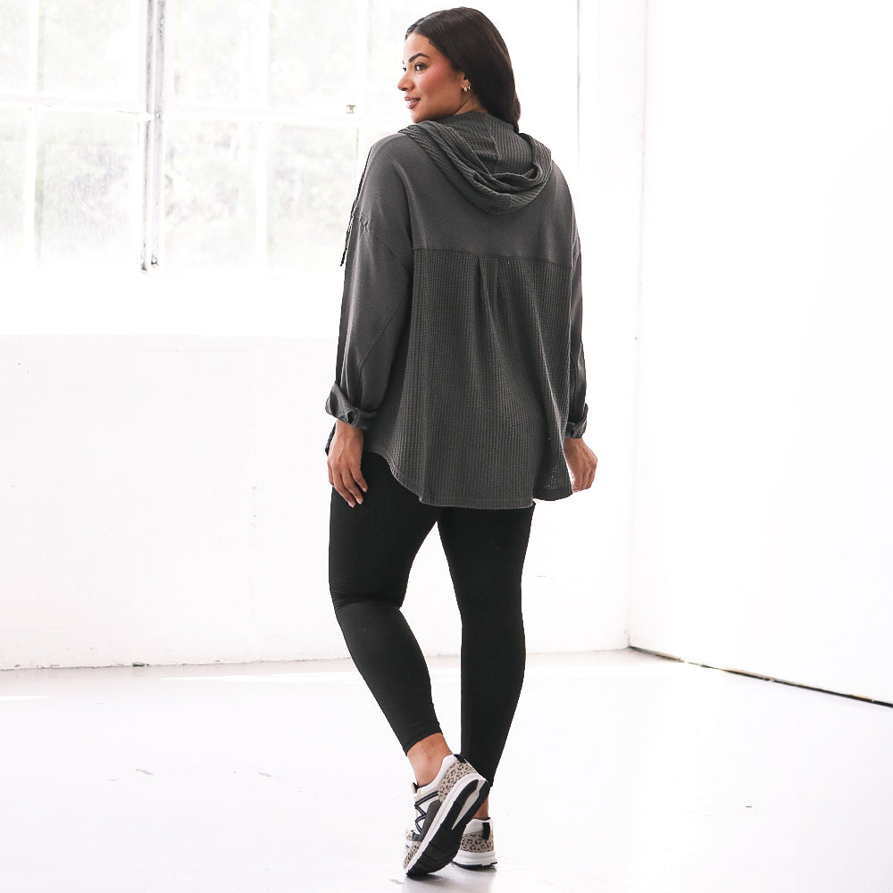 back of waffle knit charcoal shacket