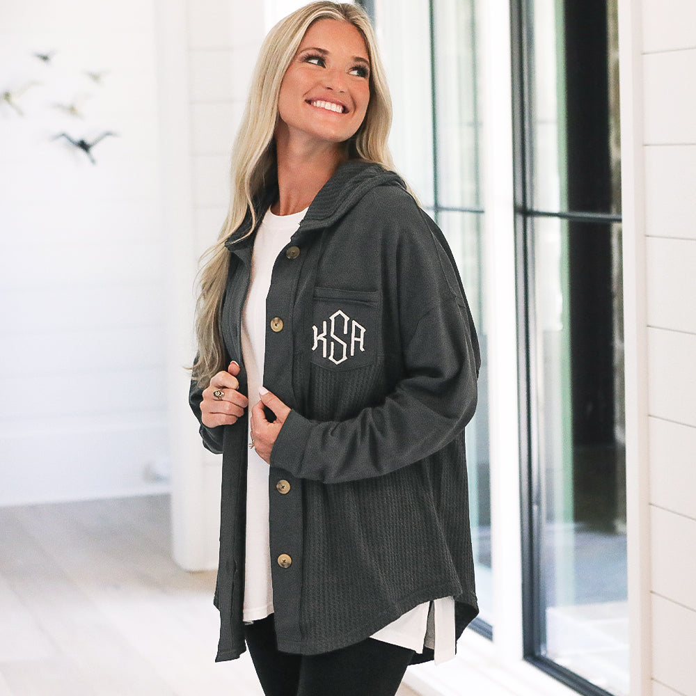 [ashley] charcoal personalized waffle knit shacket