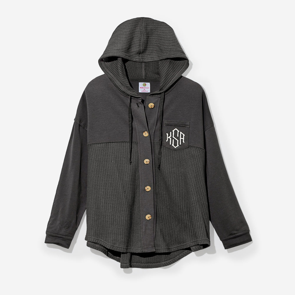 Monogrammed Waffle Knit Shacket in charcoal