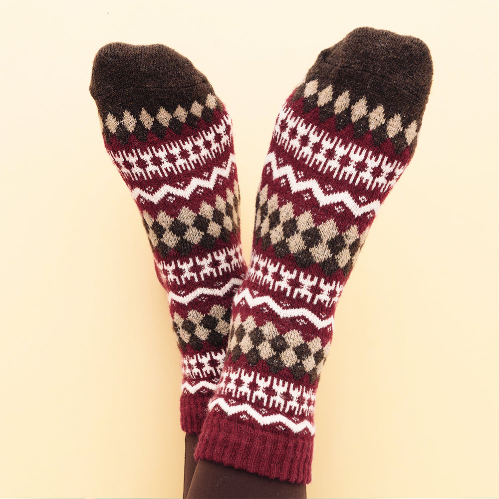 red and brown cabin socks studio shot