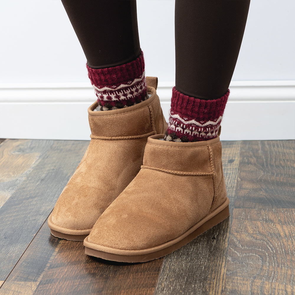 red and brown cabin socks with boots