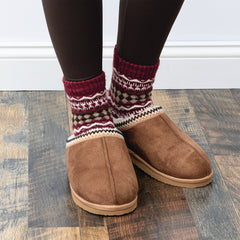 red and brown cabin socks with moccasins