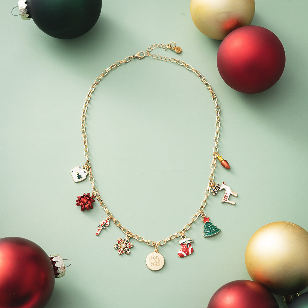 red and green monogrammed christmas charm necklace with ornaments 