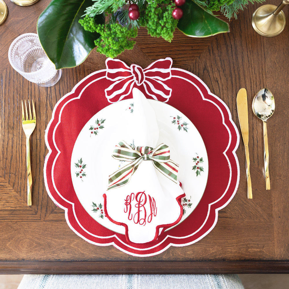 red bow scallop placemat with scalloped napkin