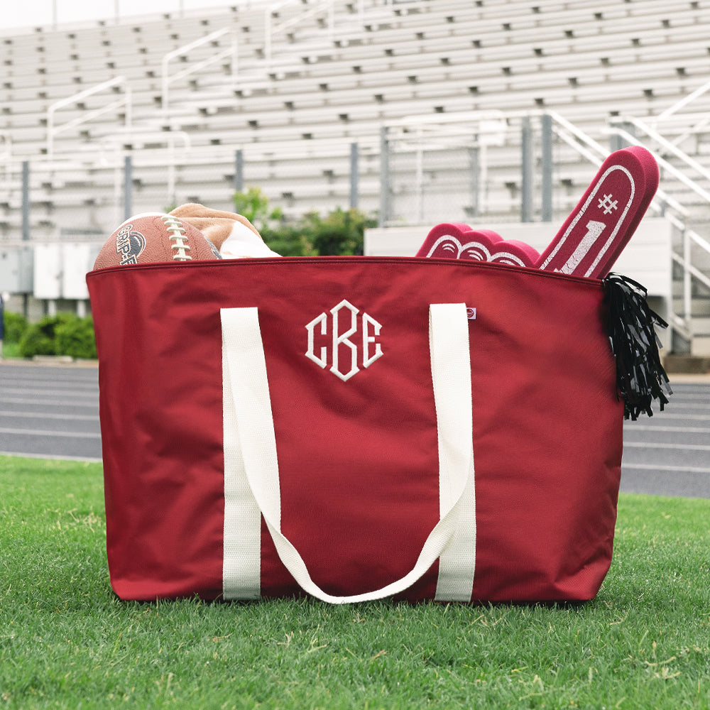 red monogrammed extra large tote bag in grass 