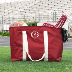 red monogrammed extra large tote bag in grass 
