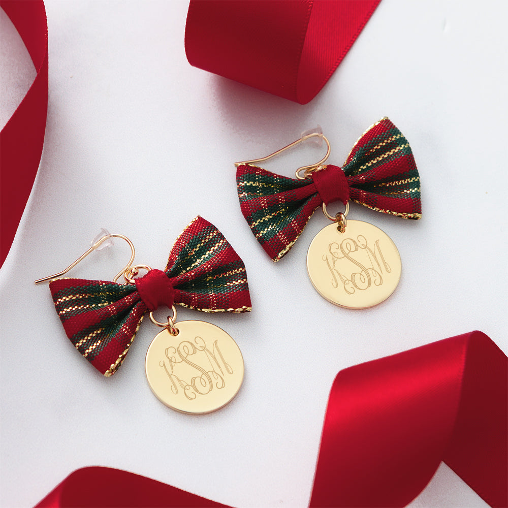 red plaid bow earrings with ribbon