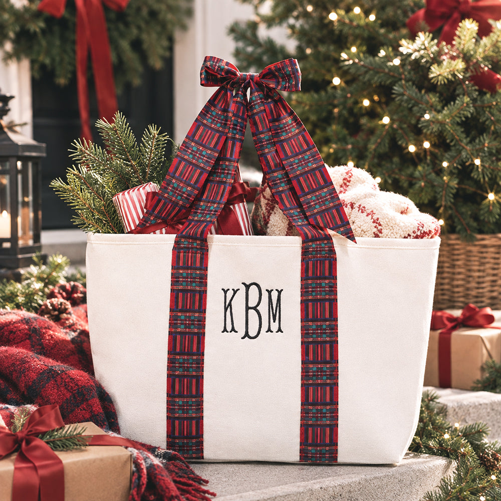 red plaid bow monogrammed plaid tote 