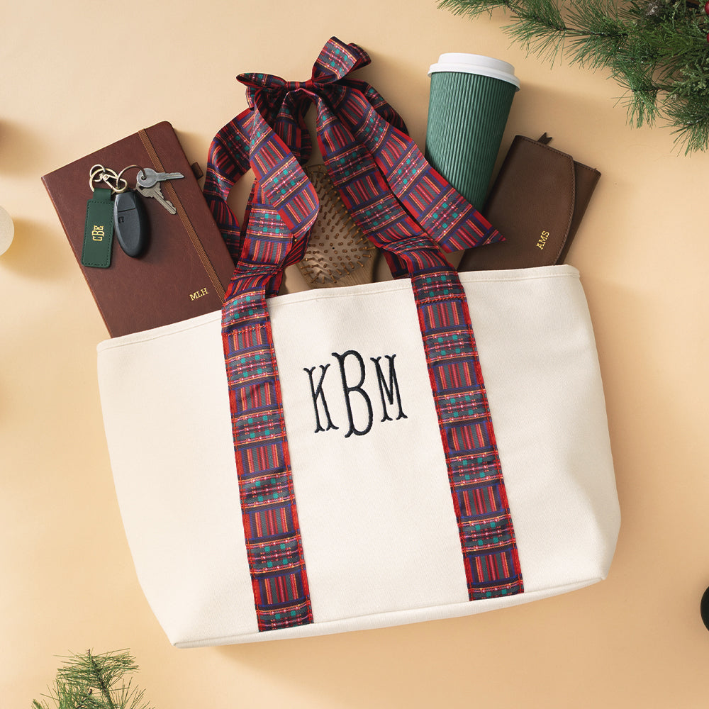 red plaid monogrammed plaid tote 