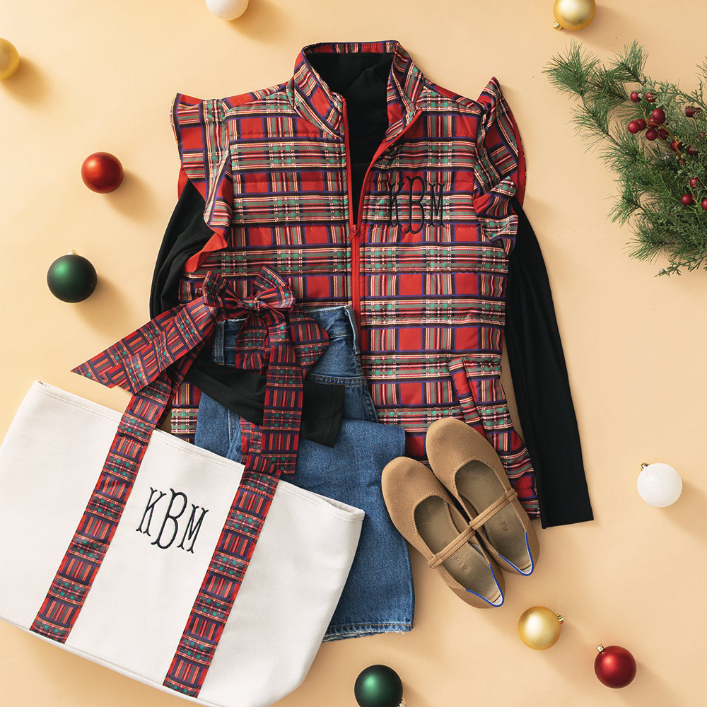red plaid monogrammed quilted ruffle sleeve vest outfit 