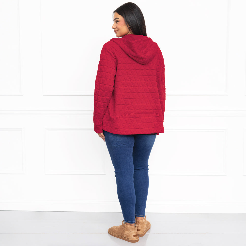 red quilted hoodie back view