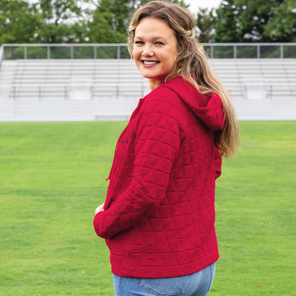 red quilted hoodie on emily back view