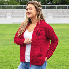red quilted hoodie on emily