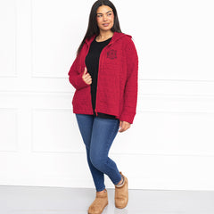 red quilted hoodie on julia ann