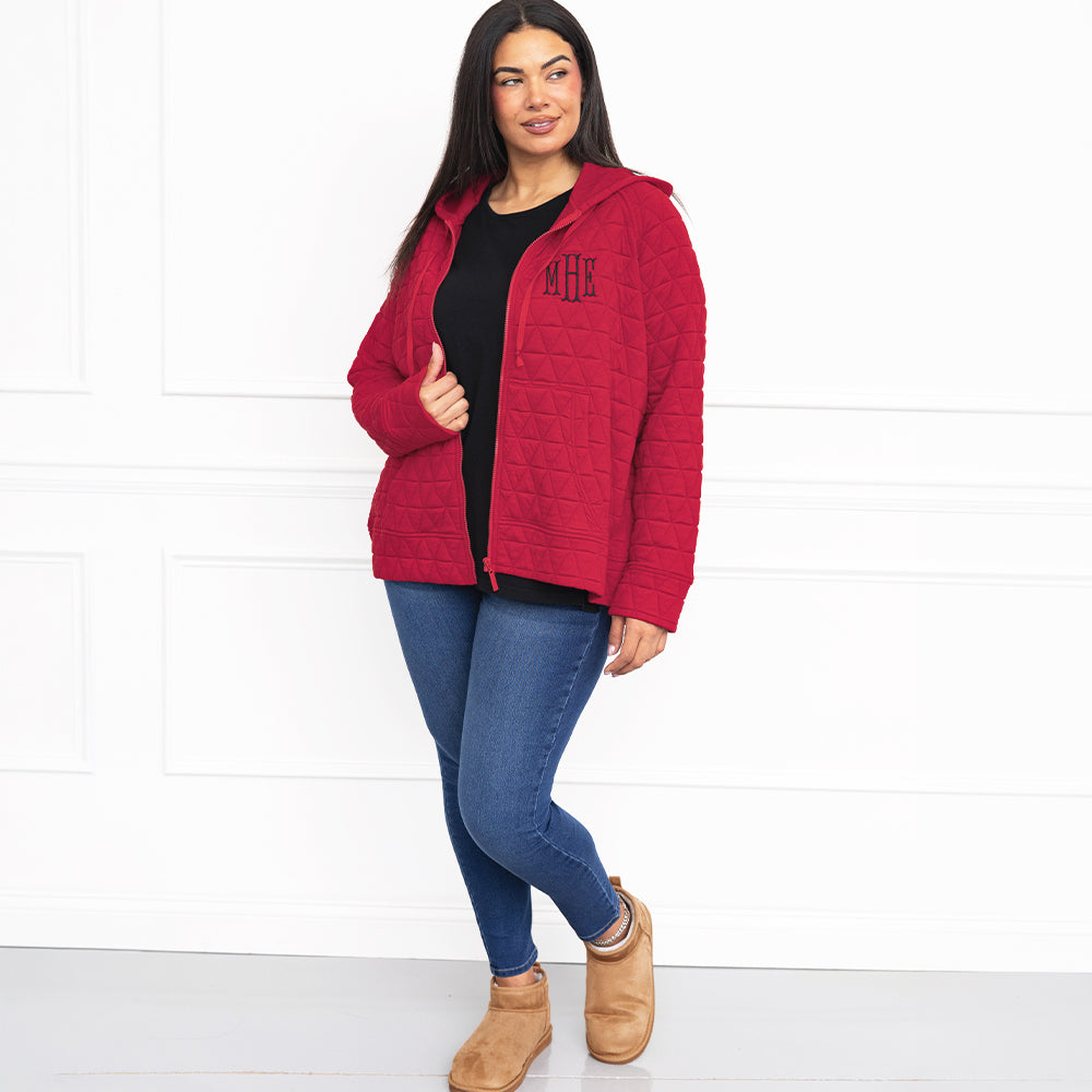 red quilted hoodie on julia ann
