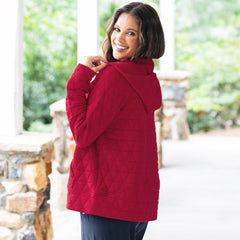 red quilted hoodie on peyton side view