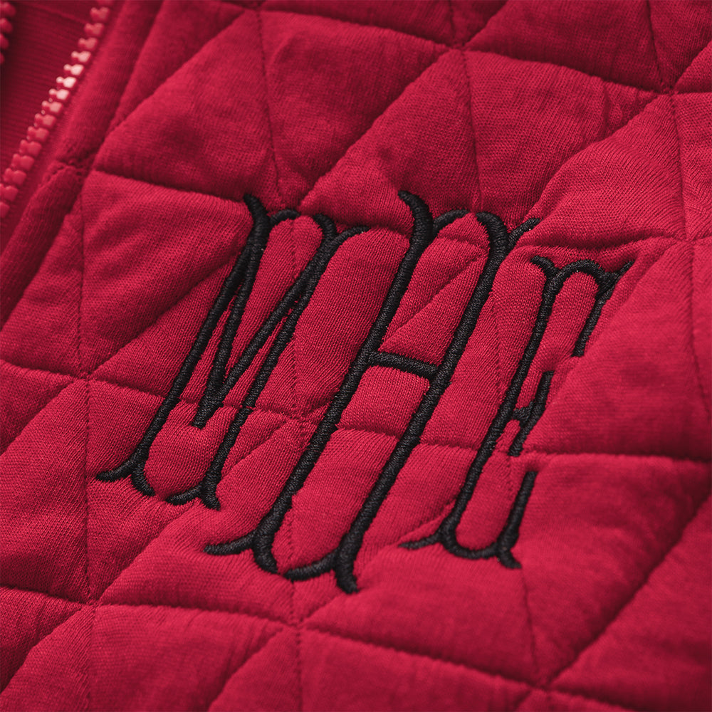 red quilted hoodie up close