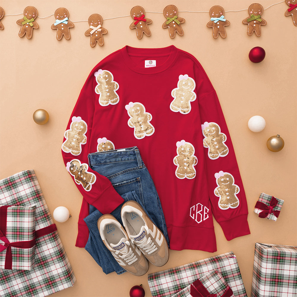 red sequin gingerbread sweatshirt flatlay