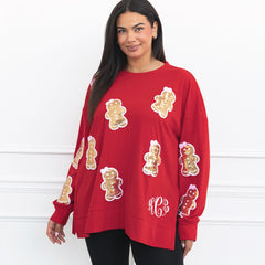 red sequin gingerbread sweatshirt on julia ann