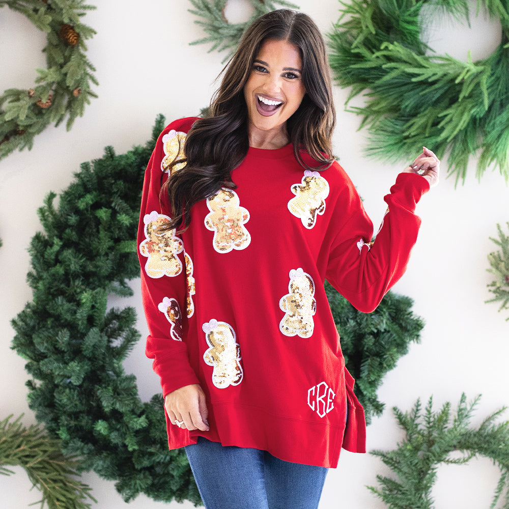 red sequin gingerbread sweatshirt on peyton 2
