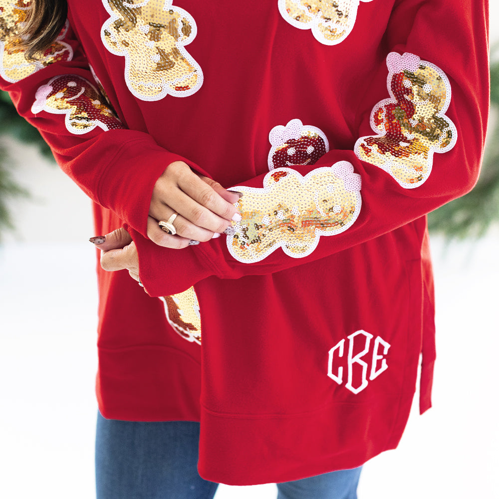red sequin gingerbread sweatshirt up close