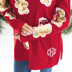 red sequin gingerbread sweatshirt up close