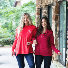 red softspun sweatshirt and quilted red jacket on girls