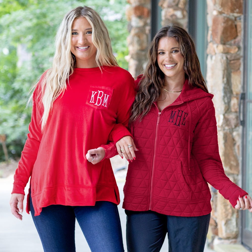 red softspun sweatshirt and quilted red jacket on girls