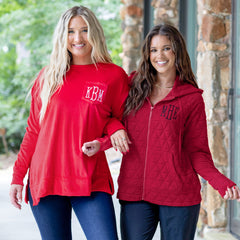 red softspun sweatshirt and quilted red jacket on girls