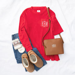 red softspun sweatshirt flatlay