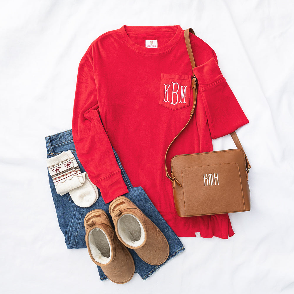 red softspun sweatshirt flatlay