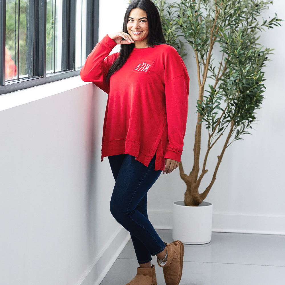 red softspun sweatshirt on julia