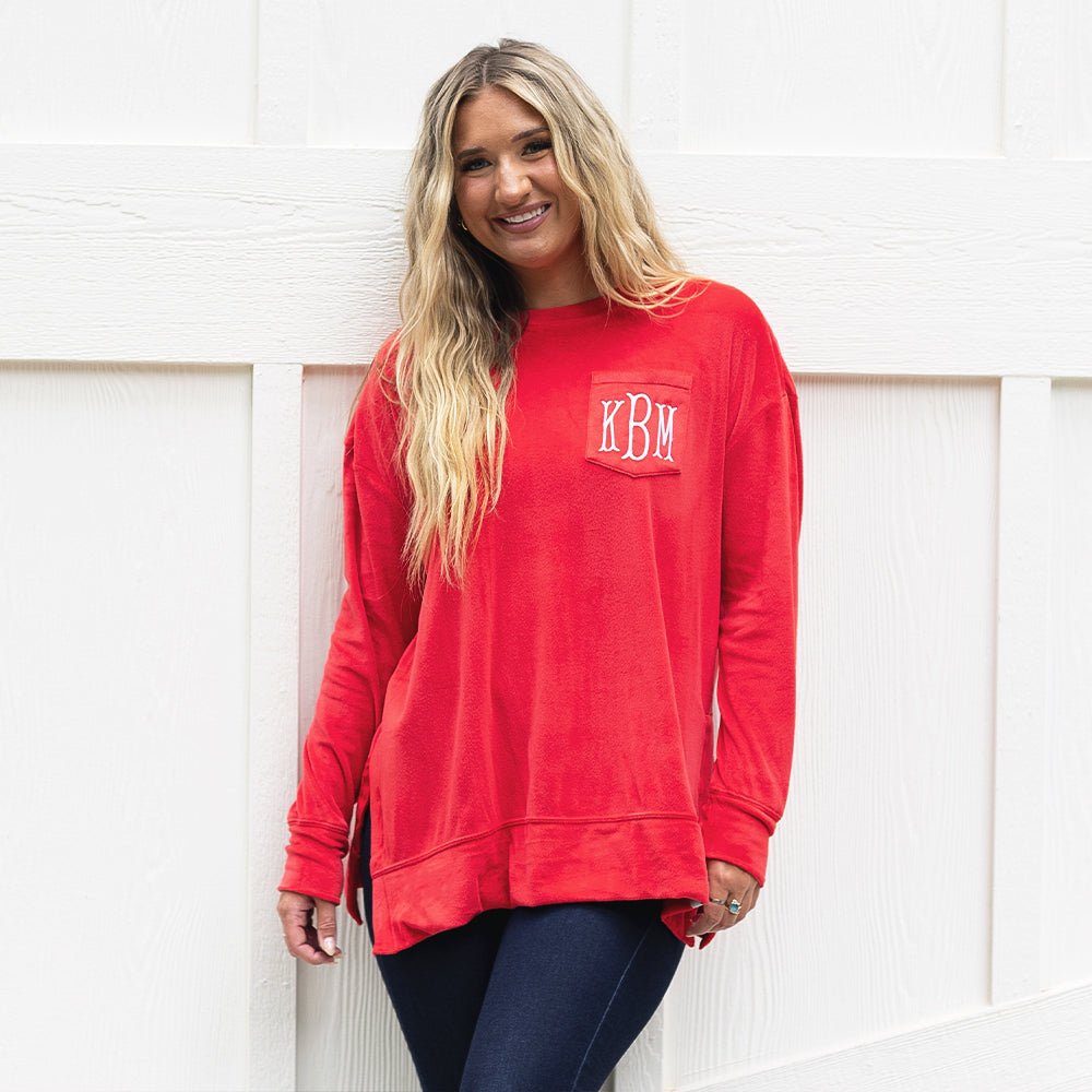 red softspun sweatshirt on woman