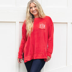 red softspun sweatshirt on woman