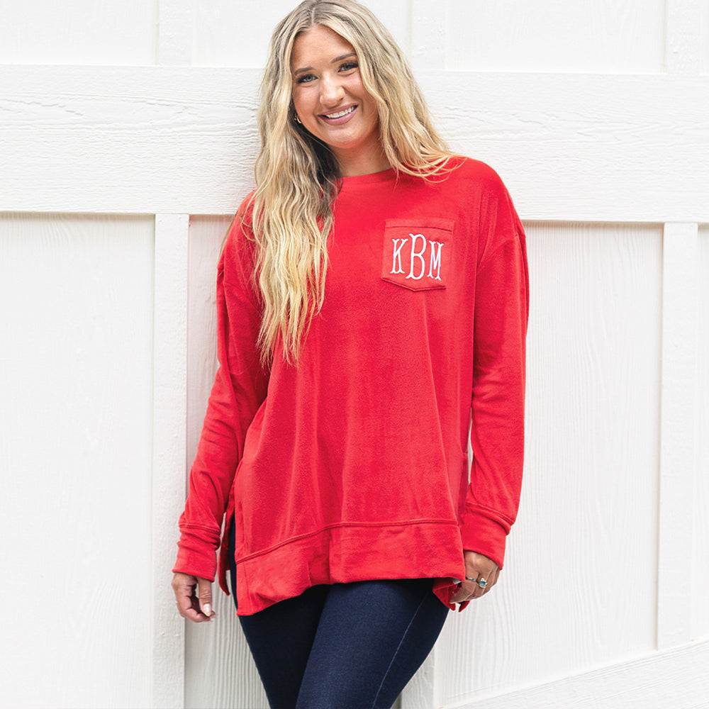 red softspun sweatshirt on woman