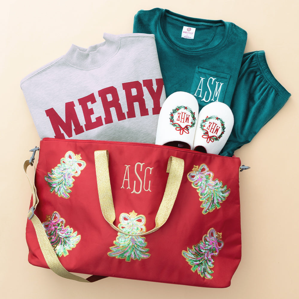 red weekend bag flatlay