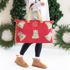 red weekend bag on arm