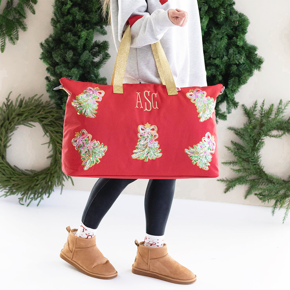 red weekend bag on arm