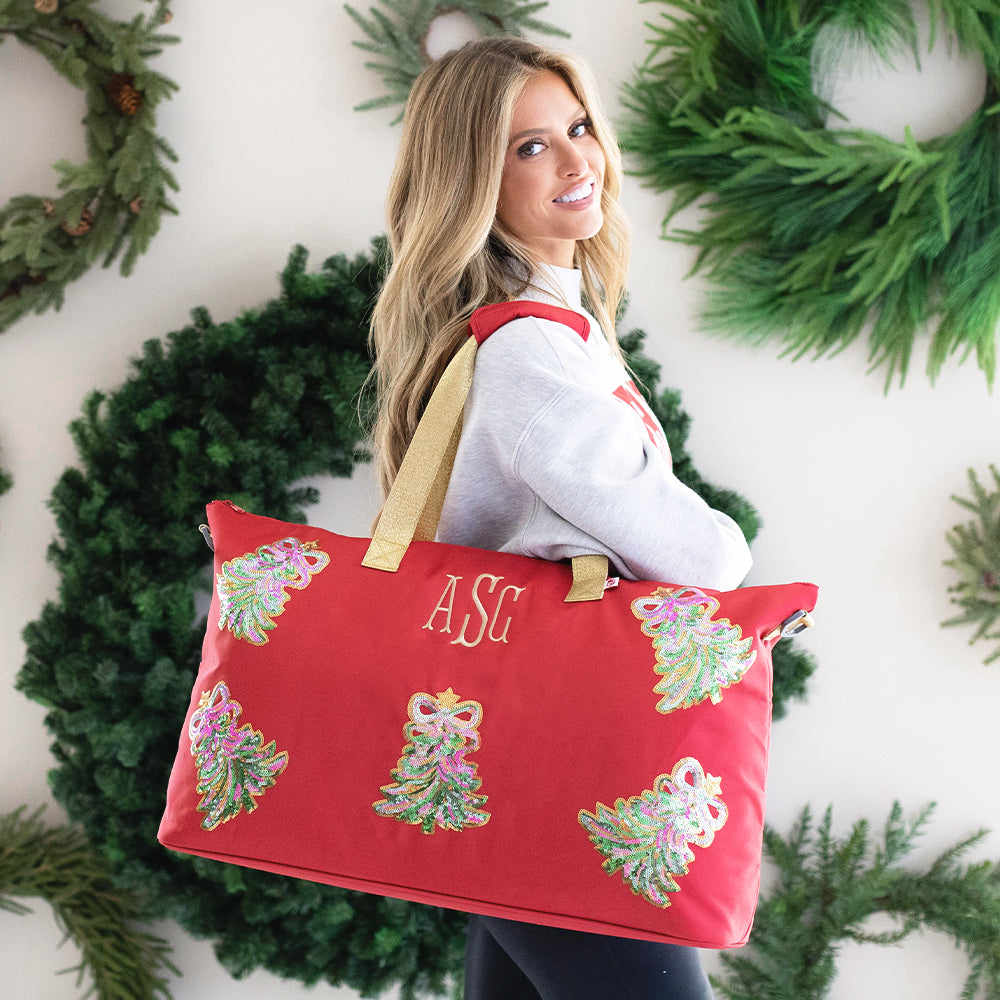 red weekend bag on shoulder