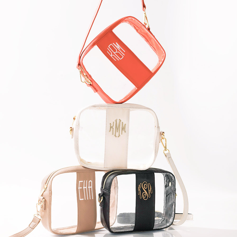 orange bone tan and black clear monogrammed stadium crossbodys
