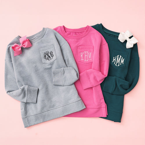 heathered grey hot pink and deep teal monogrammed kids crewneck sweatshirts