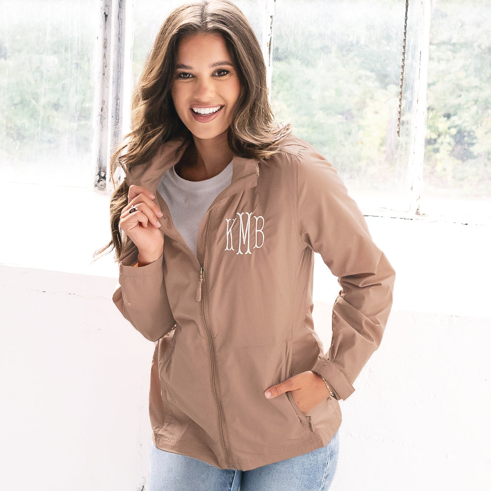 [peyton] girl wearing personalized acorn rain jacket