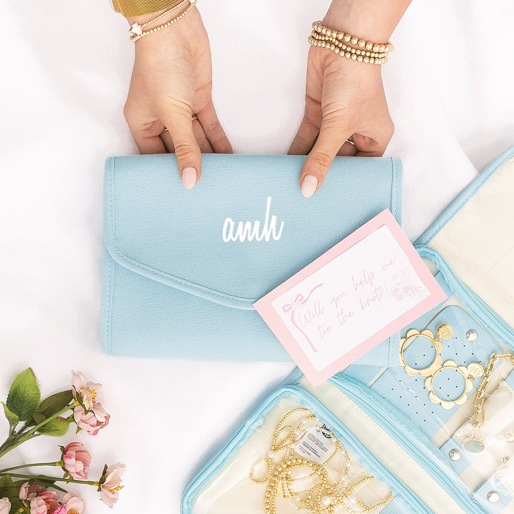 light blue monogrammed travel jewelry organizer bridesmaid gift