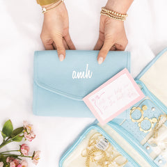 light blue monogrammed travel jewelry organizer bridesmaid gift
