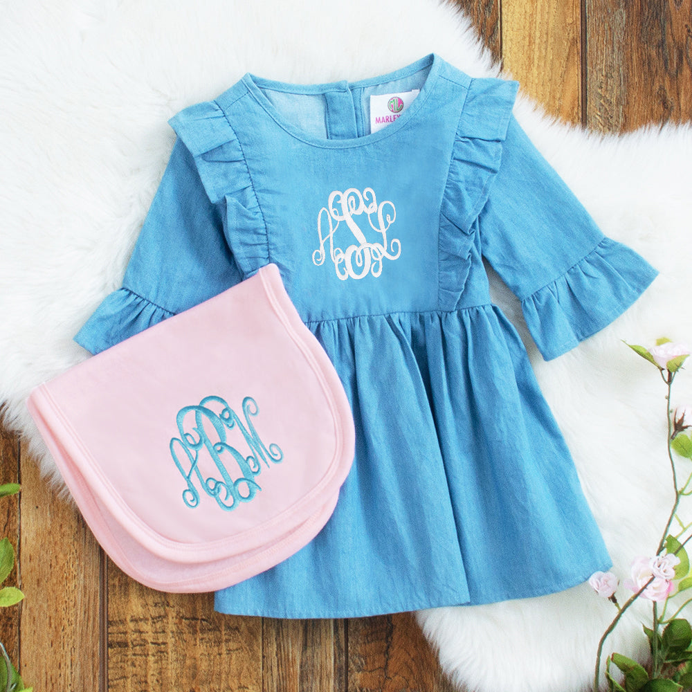 girls pink burp cloth with ruffle dress