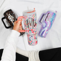 30oz cheetah, coral floral, and purple marble travel tumblers