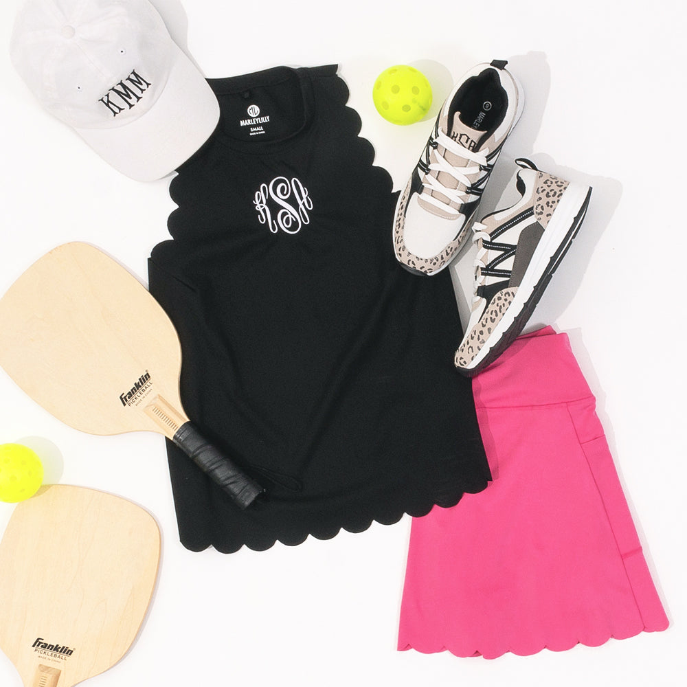 exercise ootd with tank top and hot pink skort